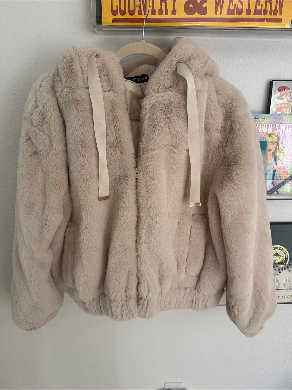 Love Token Plush Hooded Teddy Jacket in Beige